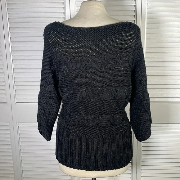 Bebe,Women's Cable-Knit Sweater color:Black, with lurex, size:M. Batwing sleeves - Picture 7 of 9